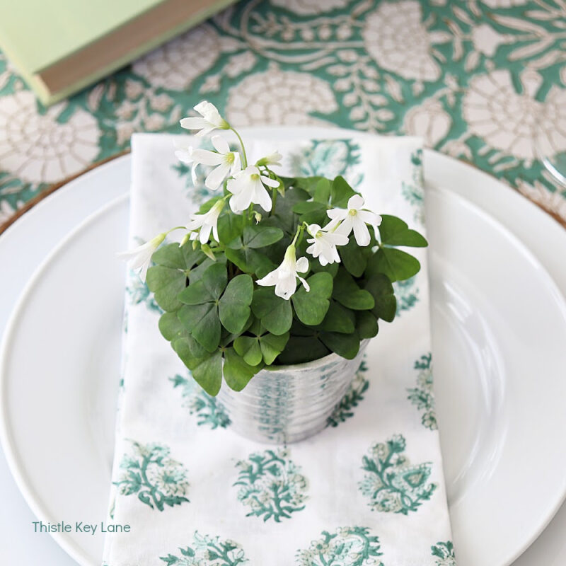 spring table setting with green plant with white flowers and green floral napkin