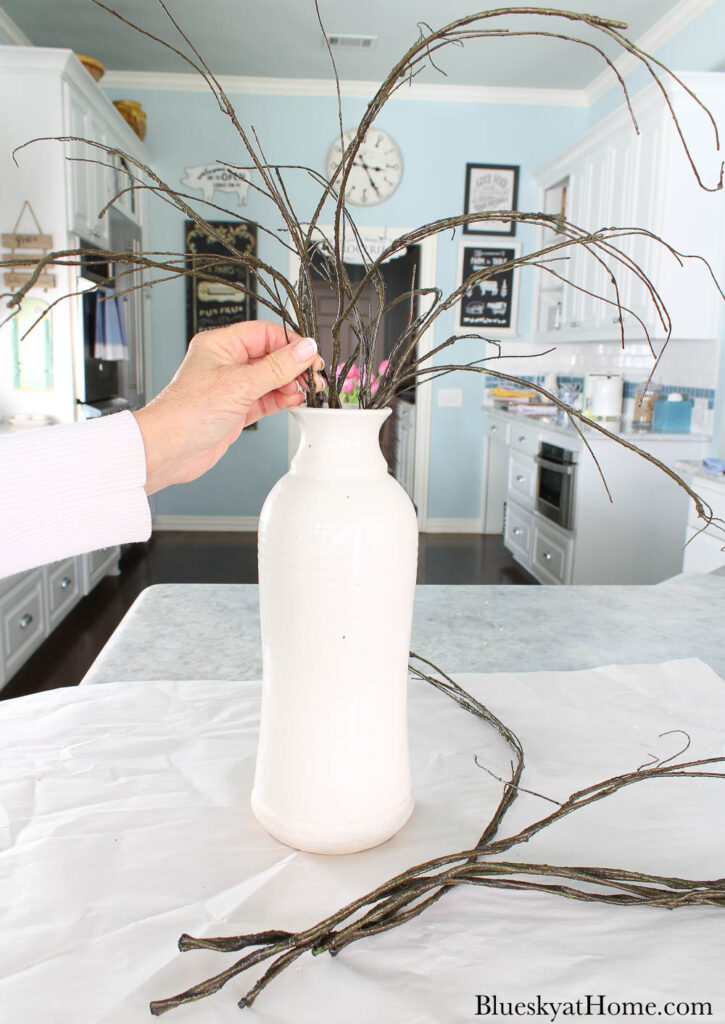 putting grapevine branches in white vase