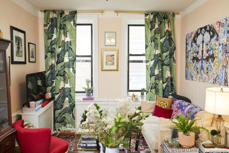 spring living room with green draperies