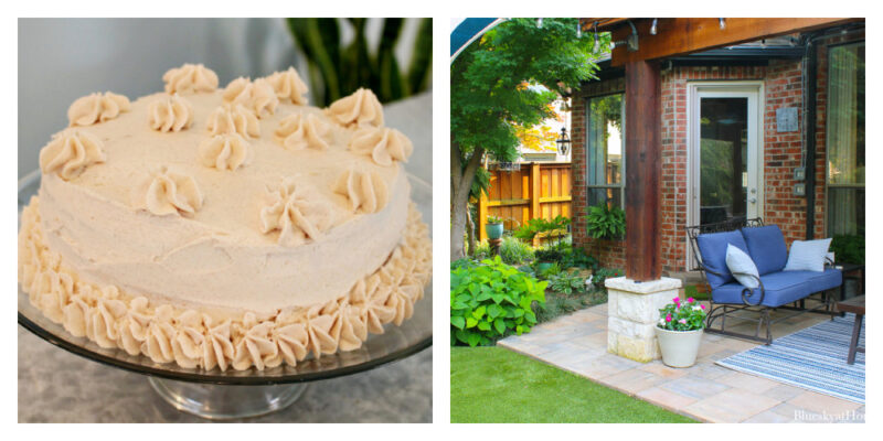 collage of cake and patio