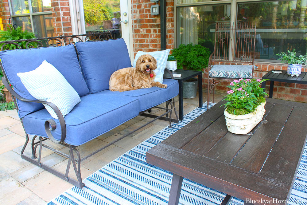 patio seating with blue stripe rug and blue cushions on love seat and blue patterned cushions 