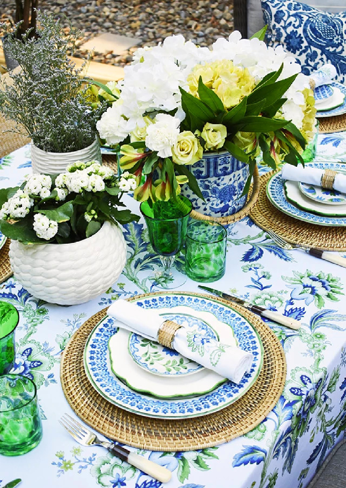 outdoor tablescape in blues and greens
