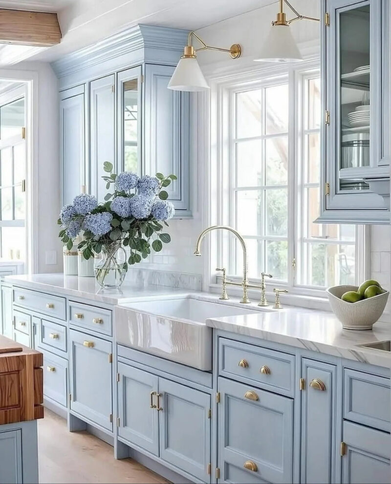 pale blue painted kitchen cabinets