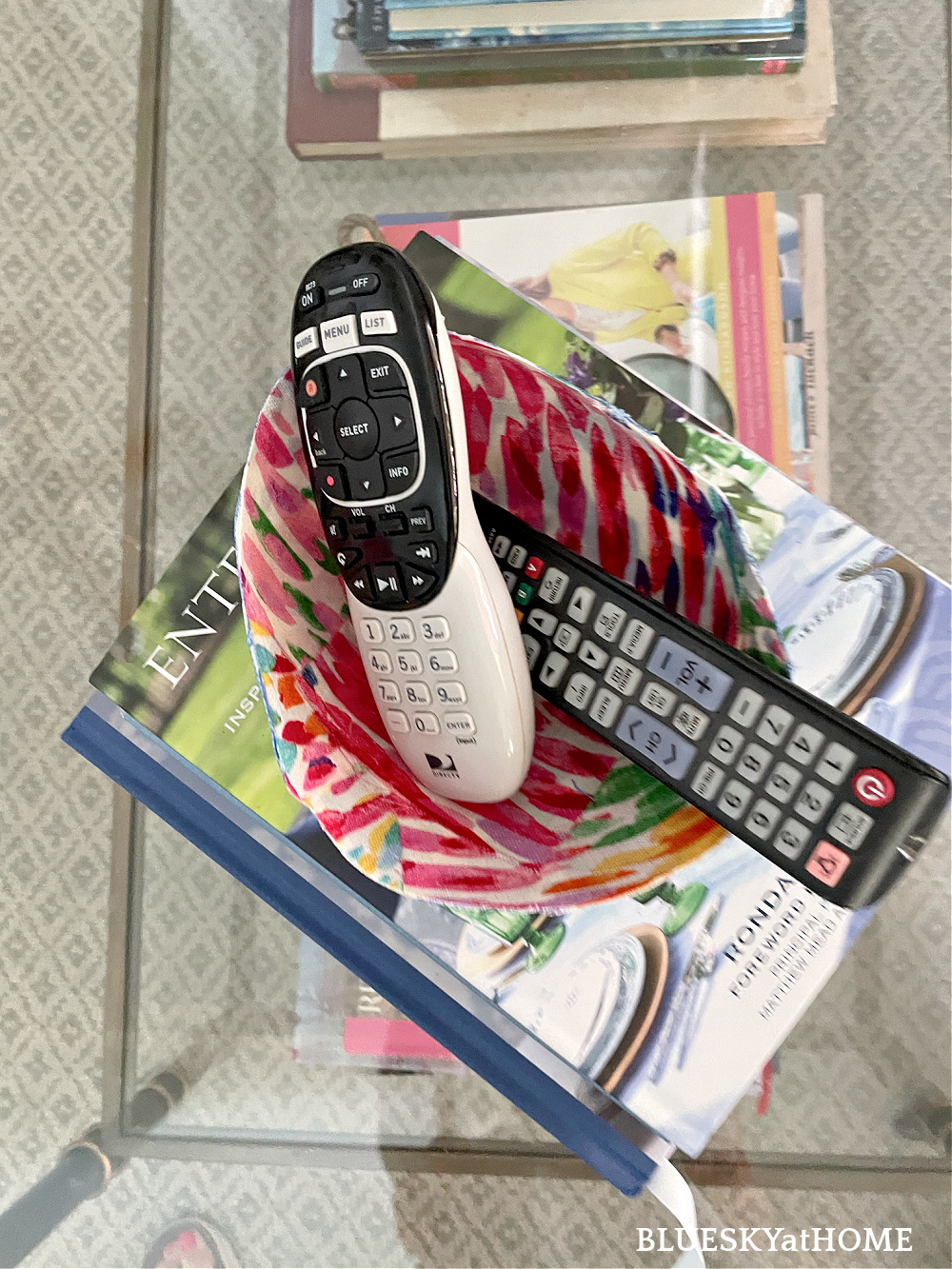 remotes in fabric bowls