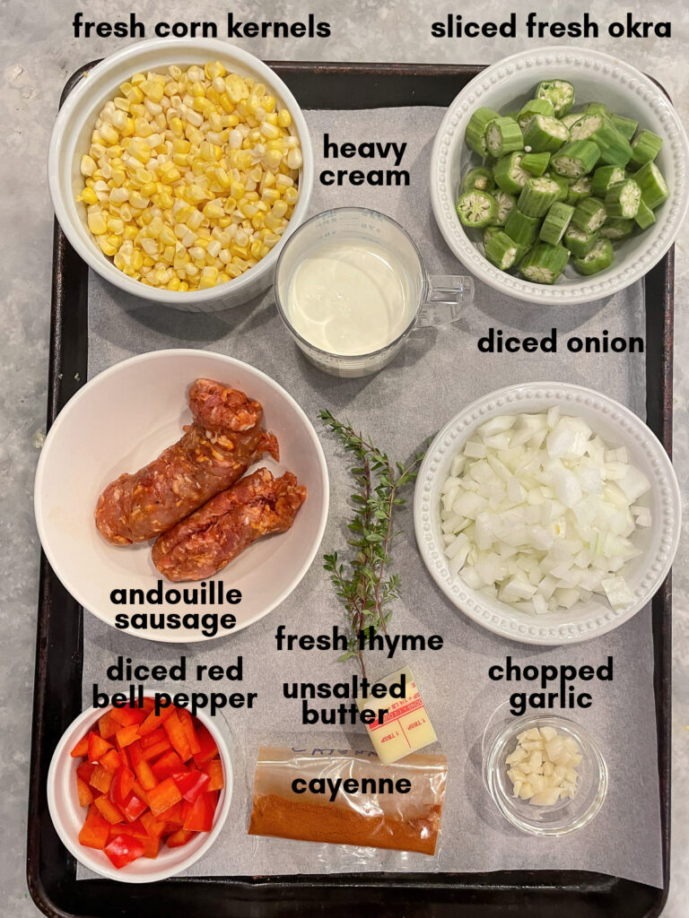 maque choux with andouille sausage and okra ingredients