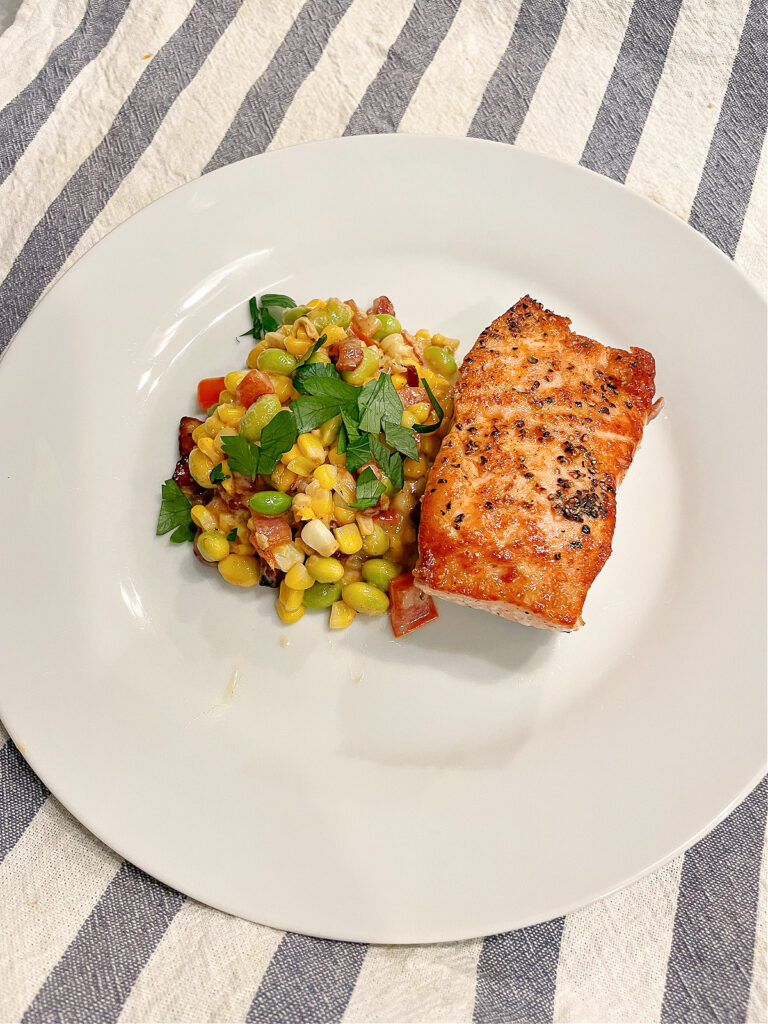 maque choux and edamame and bacon