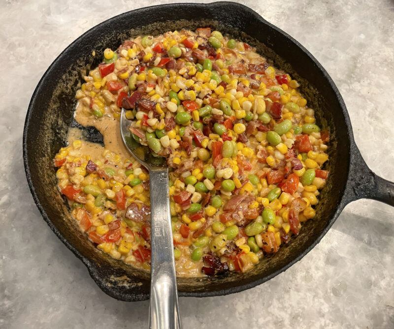 maque choux with bacon and andouille
