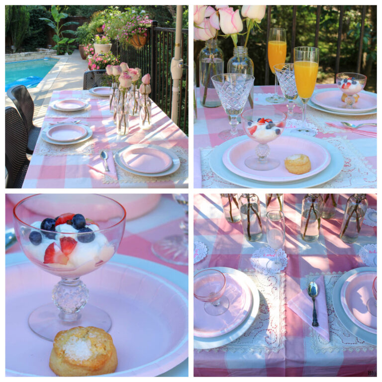 collage of pink summer table setting