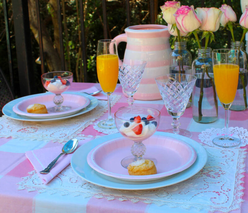 pink and white pitcher on pink summer tablescape
