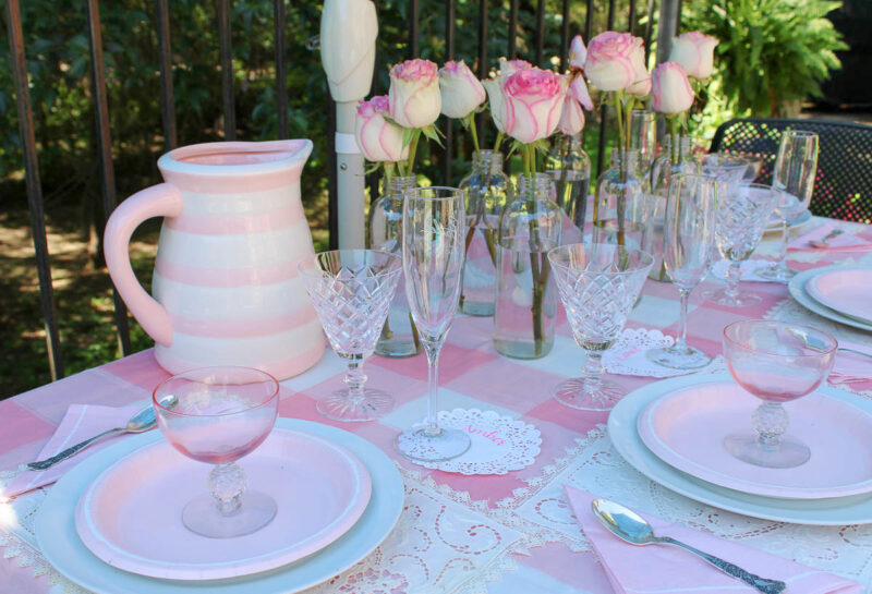 pink and white pitcher on summer tablescape