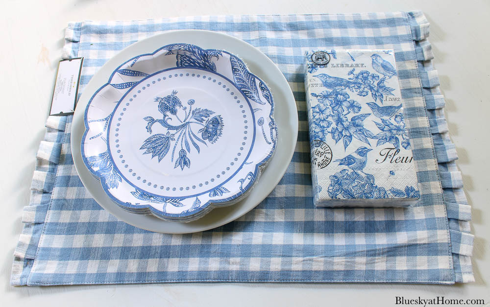 blue and white napkins with plates