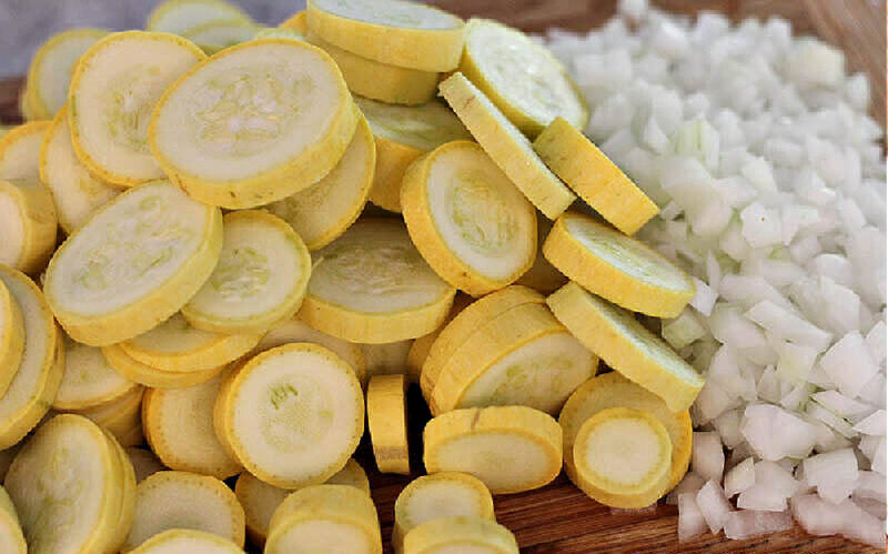 sliced summer squash and onions