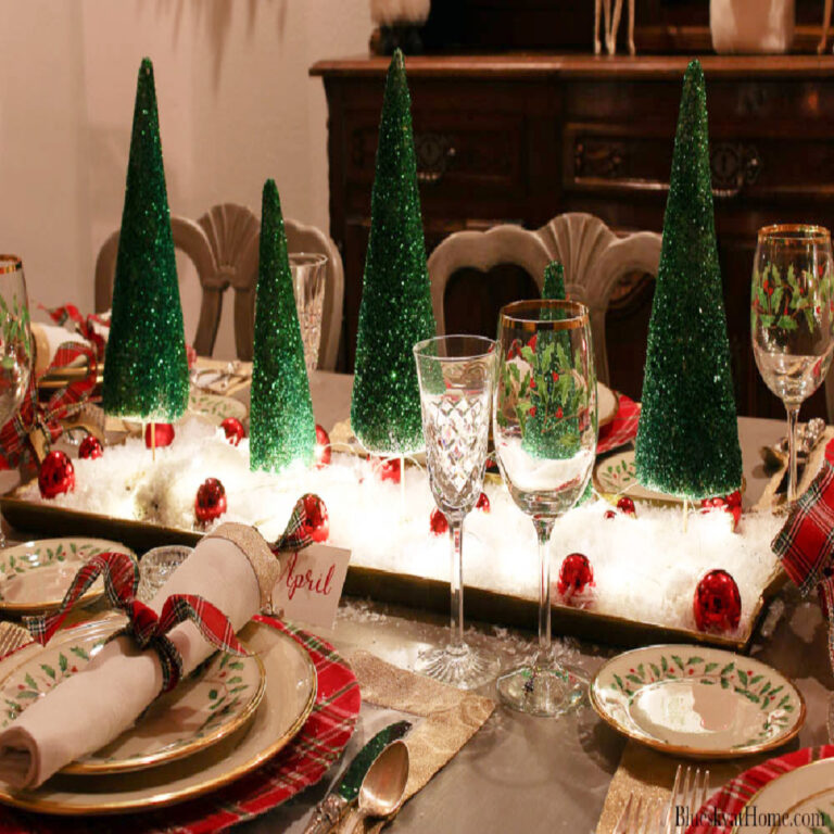 green glitter Christmas trees with lights