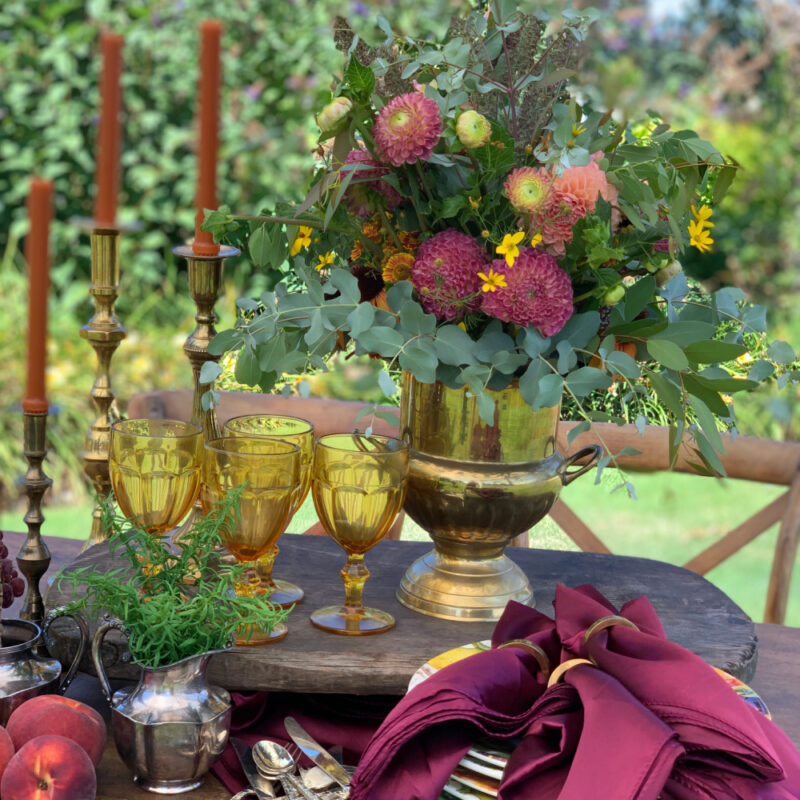 fall foliage tablescape in burgundies and golds