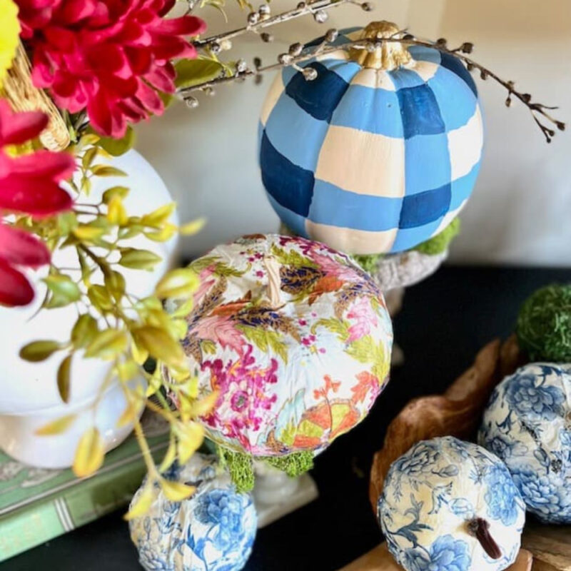 decoupage pumpkins in bright colors and patterns