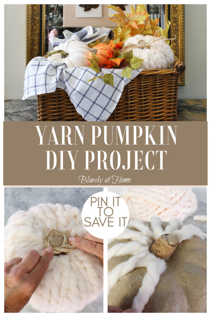 white yarn pumpkin in a wicker basket with a blue check towel