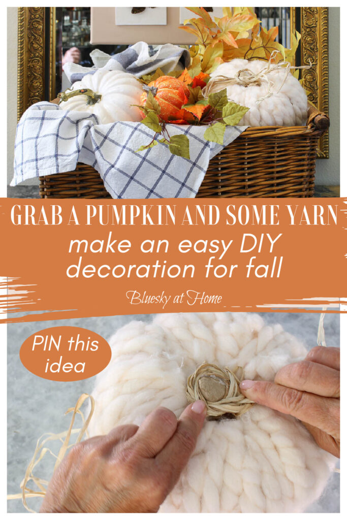 making a white yarn pumpkin in a wicker basket with a blue check towel