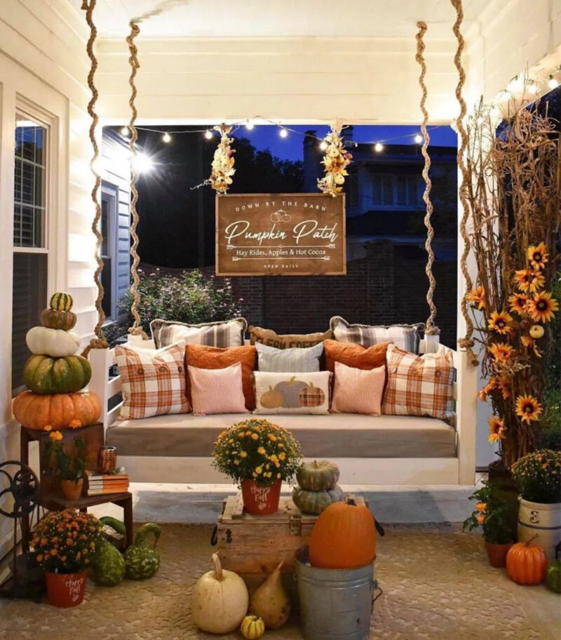 bench on a fall front porch