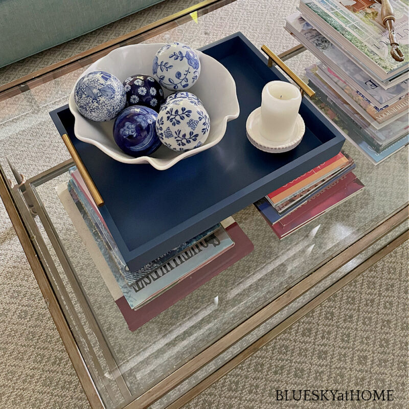 blue and white accessories on blue tray