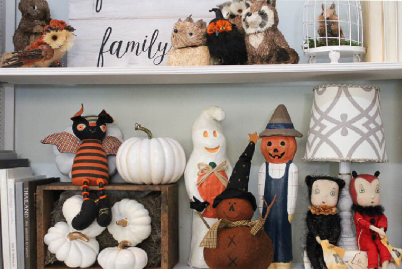 Halloween decorations on bookshelf