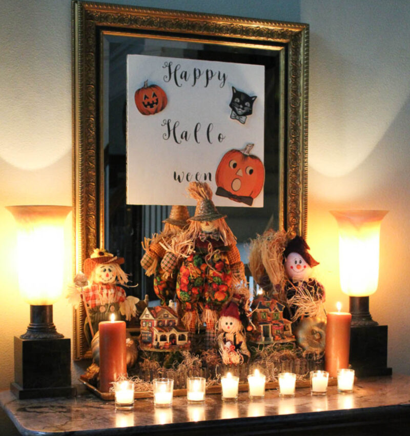 entry decorated for Halloween at night