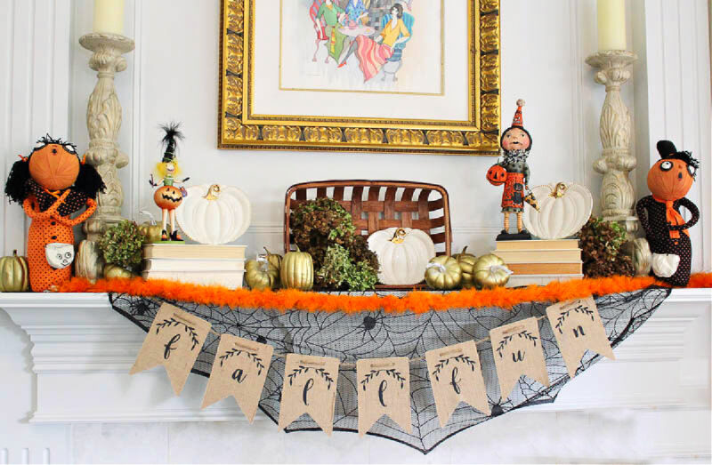 Mantel decorated for Halloween