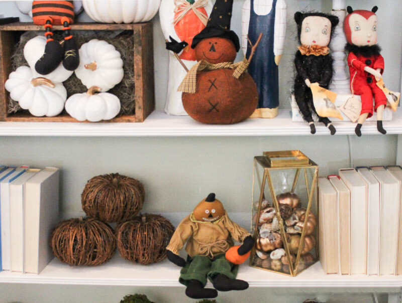 Halloween decorations on bookshelf