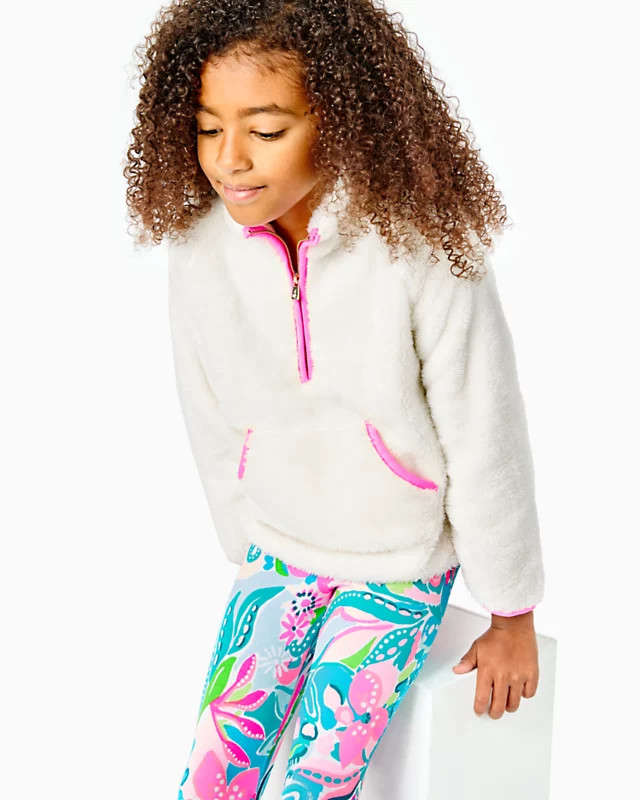 girl's white fleece pullover with pink trim