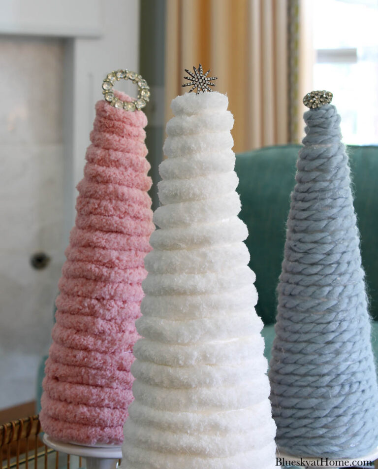 Yarn Christmas Trees with vintage jewelry