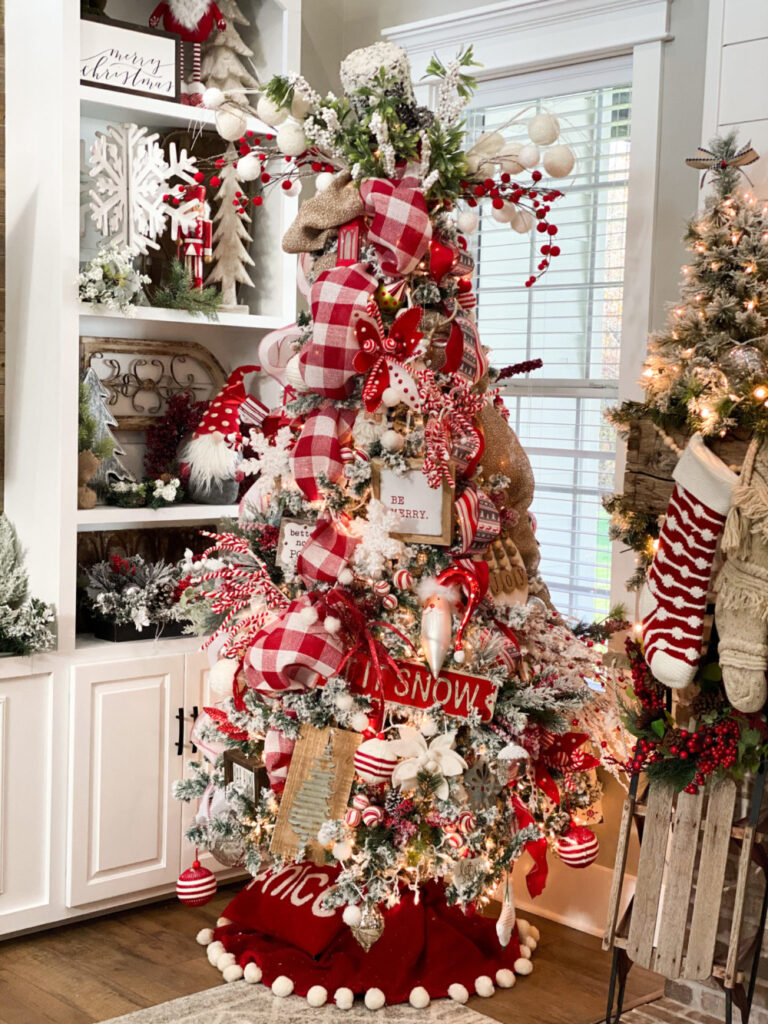 red and white ribbon buffalo check and polka dot Christmas tree