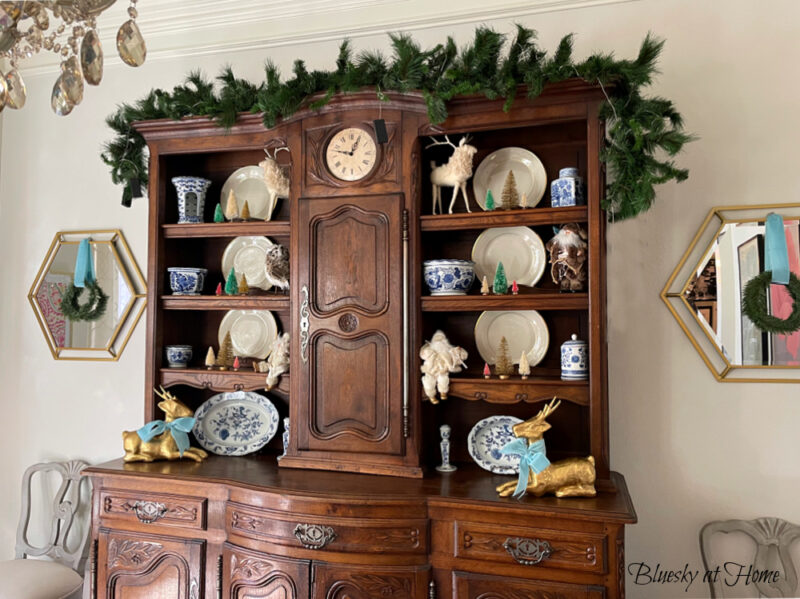 Dining room hutch decorated for Christmas