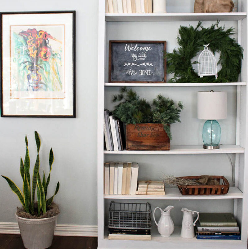 winter decor bookcase feature