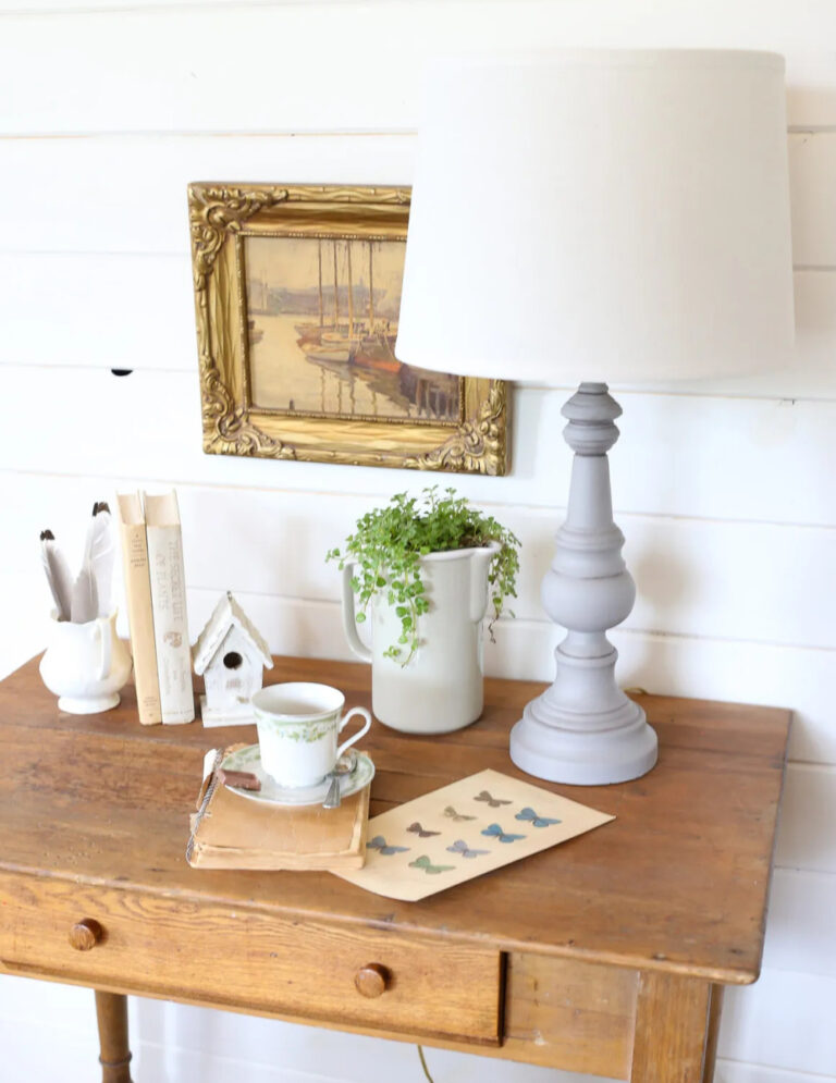 grey chalk-painted DIY lamp makeover