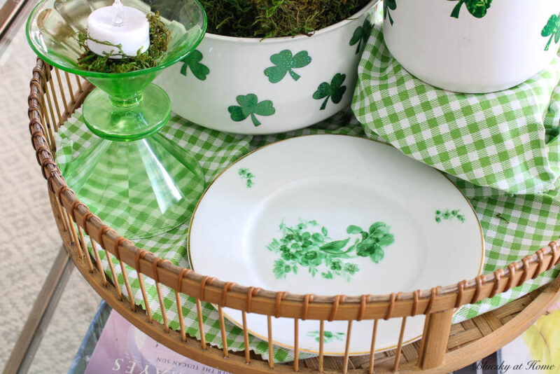 white plate with green flowers