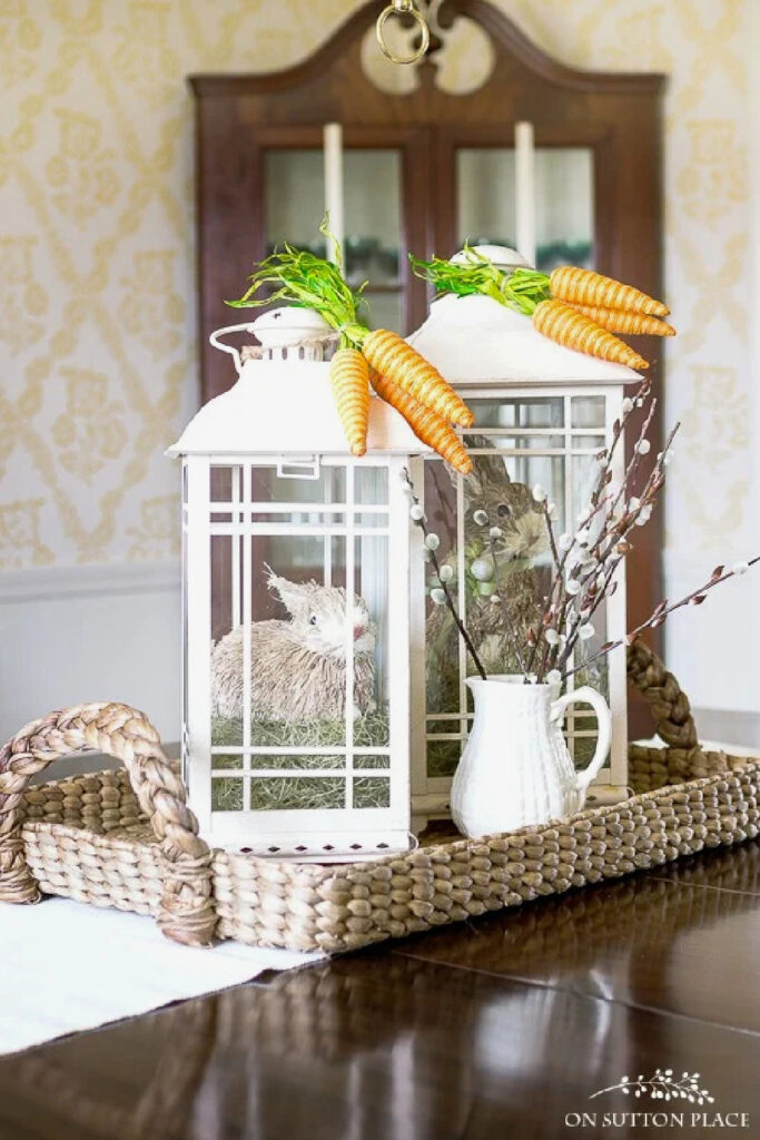 spring decorating with lanterns and bunnies