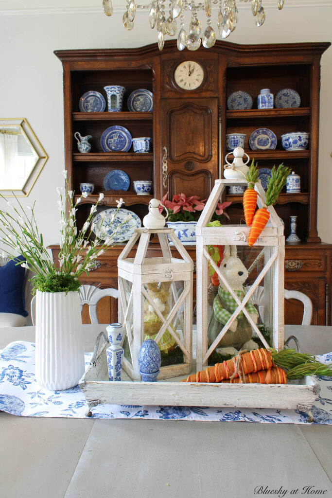 spring decorating with lanterns and bunnies