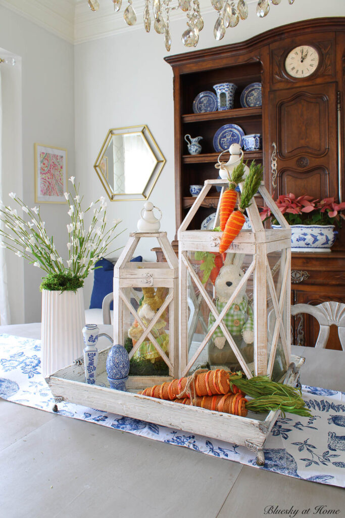 spring decorating with lanterns and bunnies