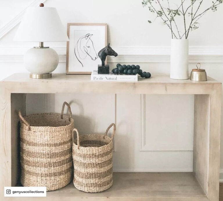 wood console table with baskets