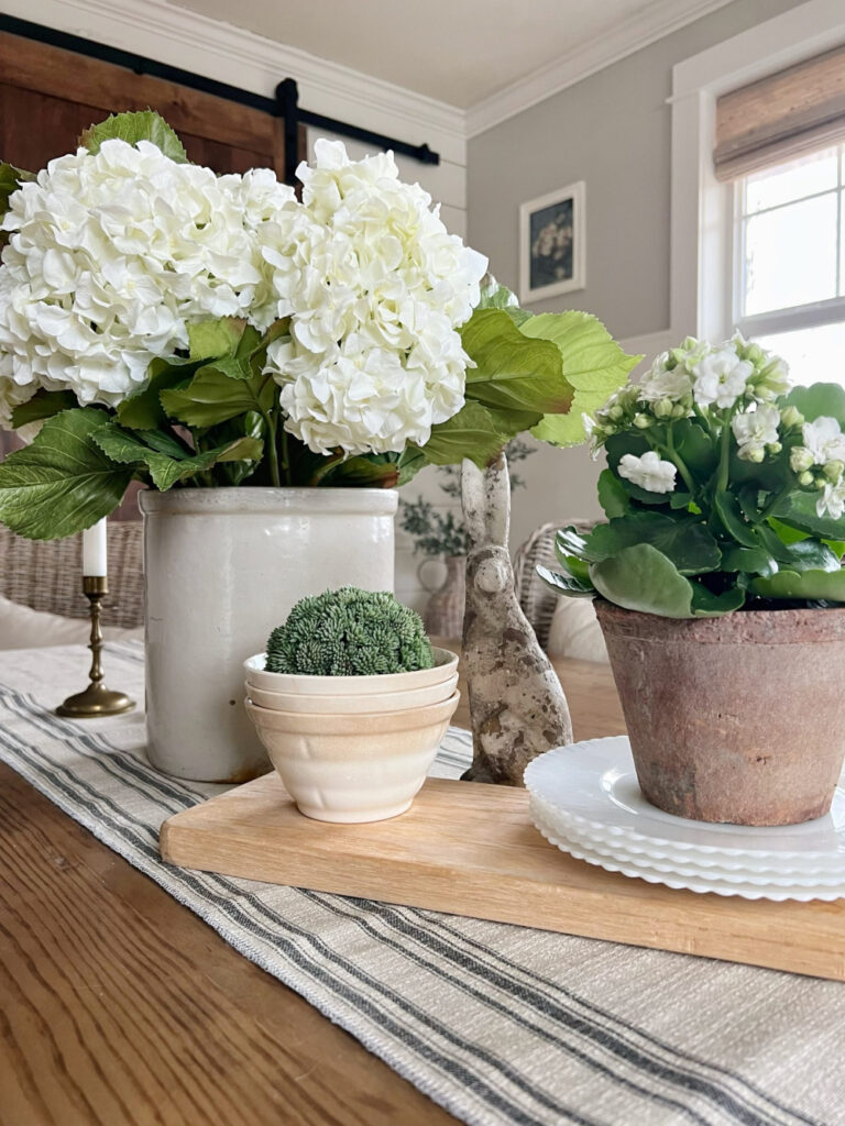 white hydrangeas in crock