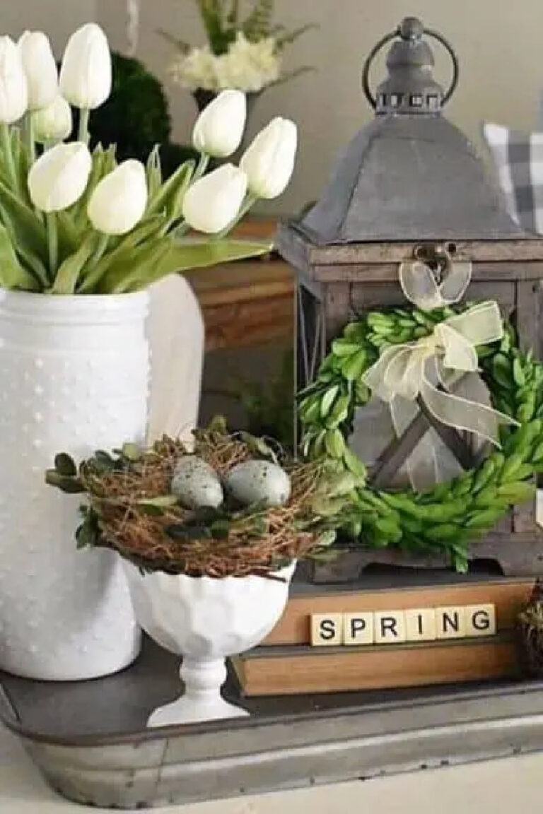 white bowls with nest and white tulips