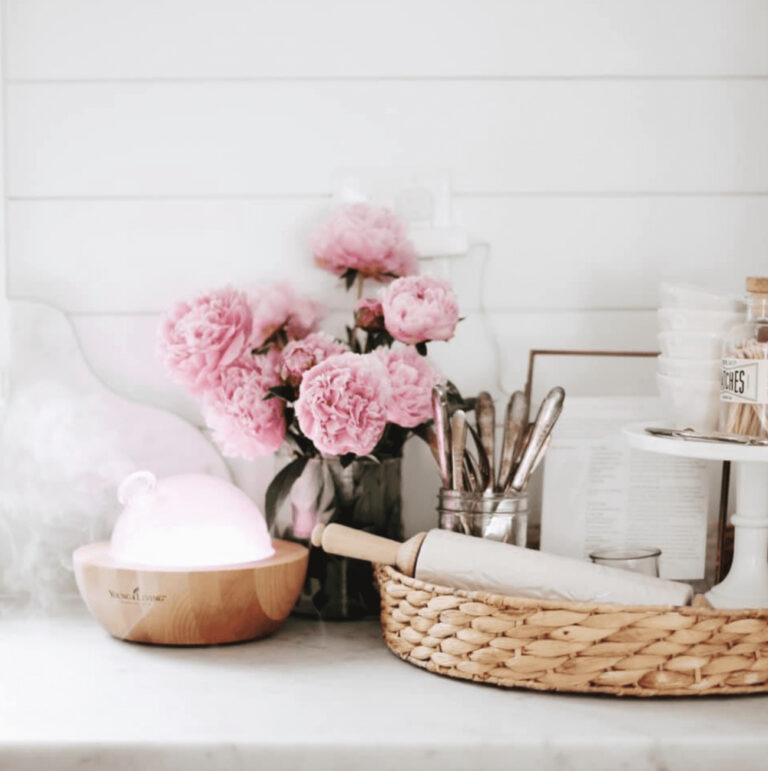 pink flowers and spring basket