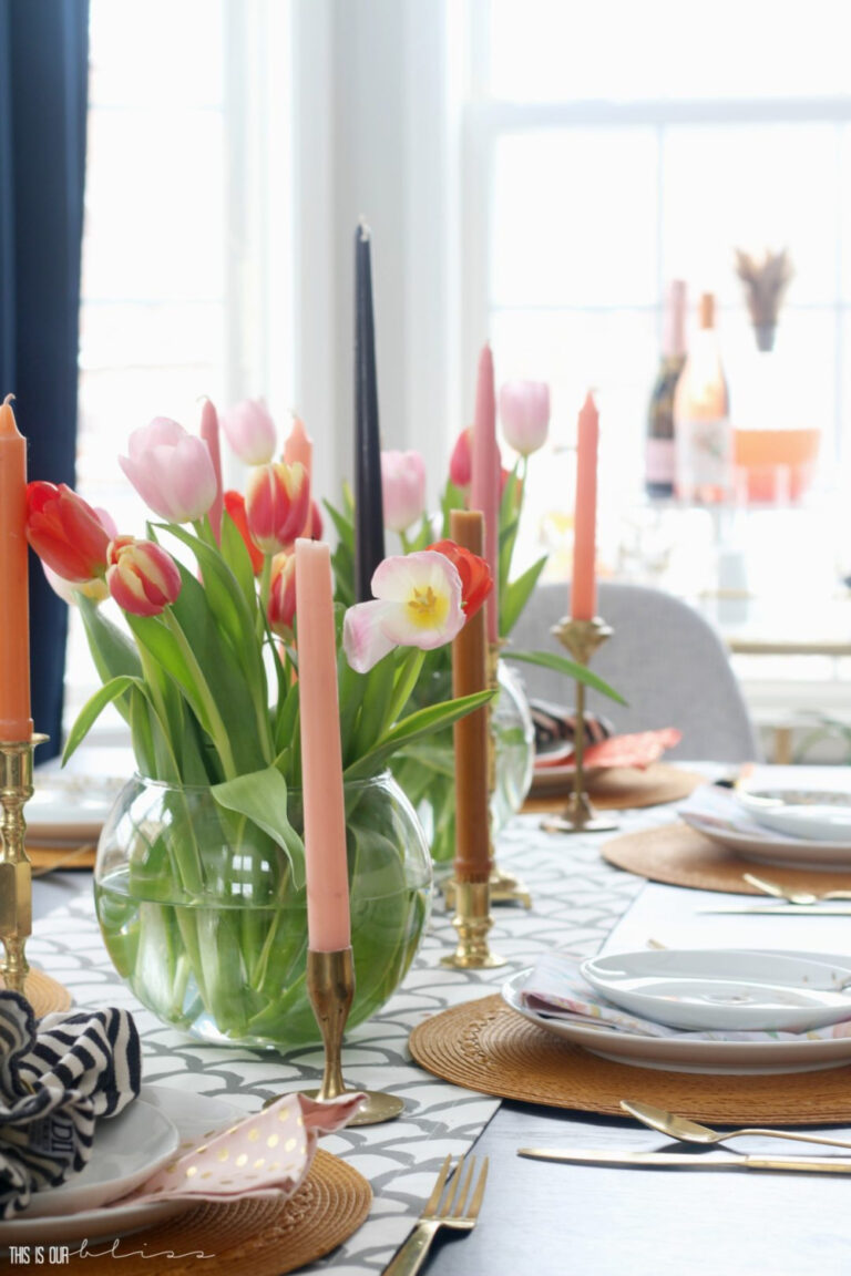 peach candles on spring table