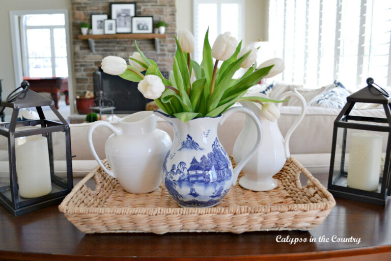 blue and white spring pitcher with white tulips