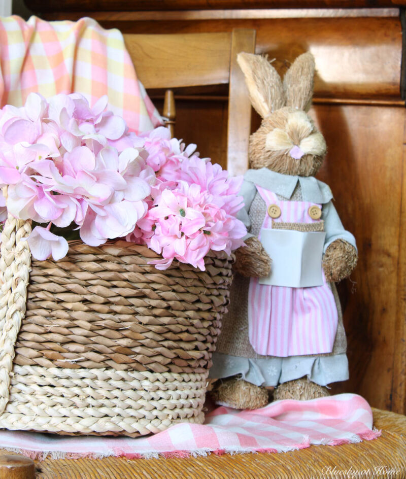 pink flower basket with bunny