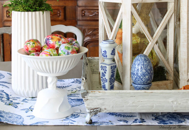 floral eggs in white glass painted dish