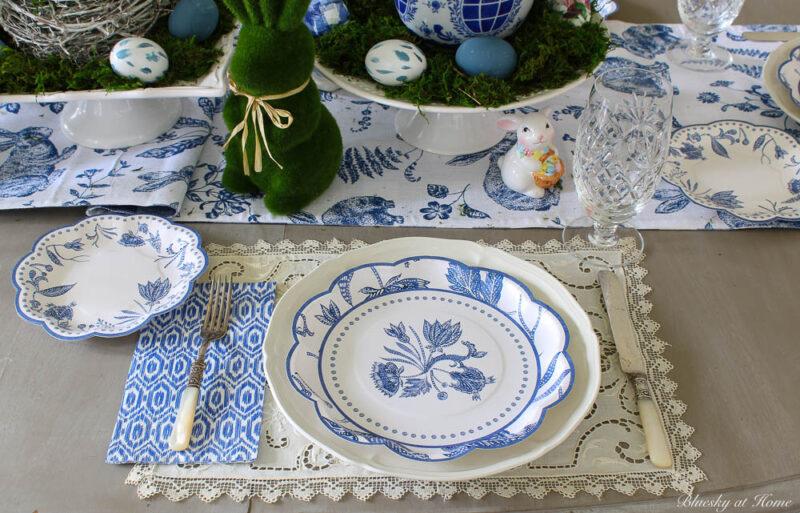 blue patterned plates in place setting