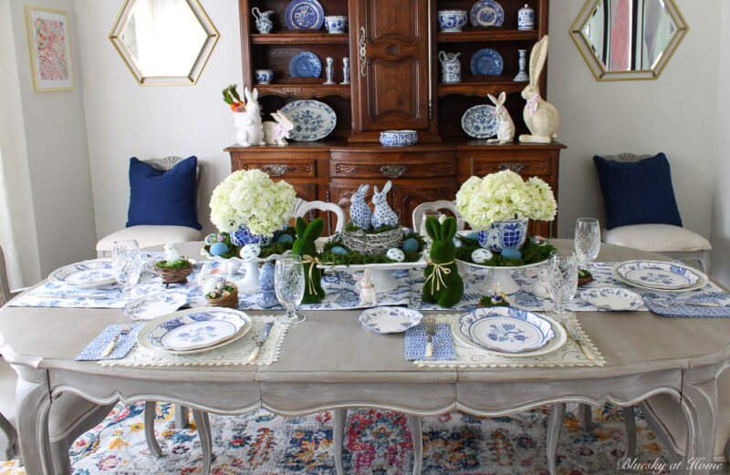 bunnies and blue spring tablescape