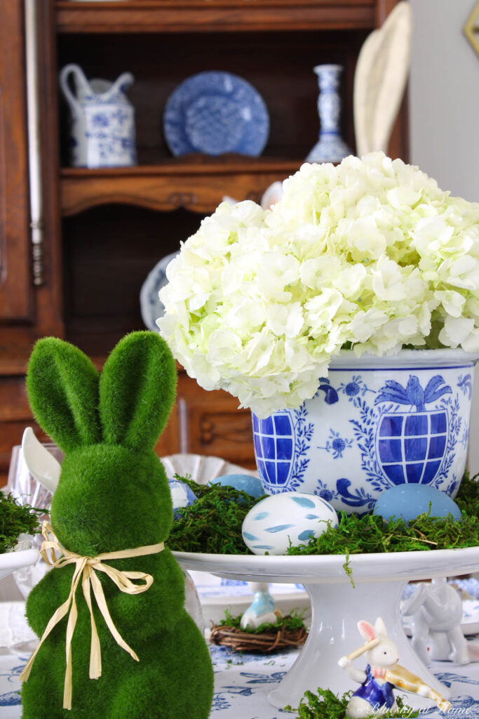 white hydrangeas with green bunny and blue eggs