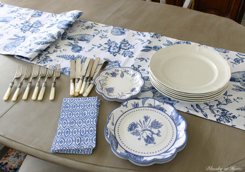 blue and white place setting items