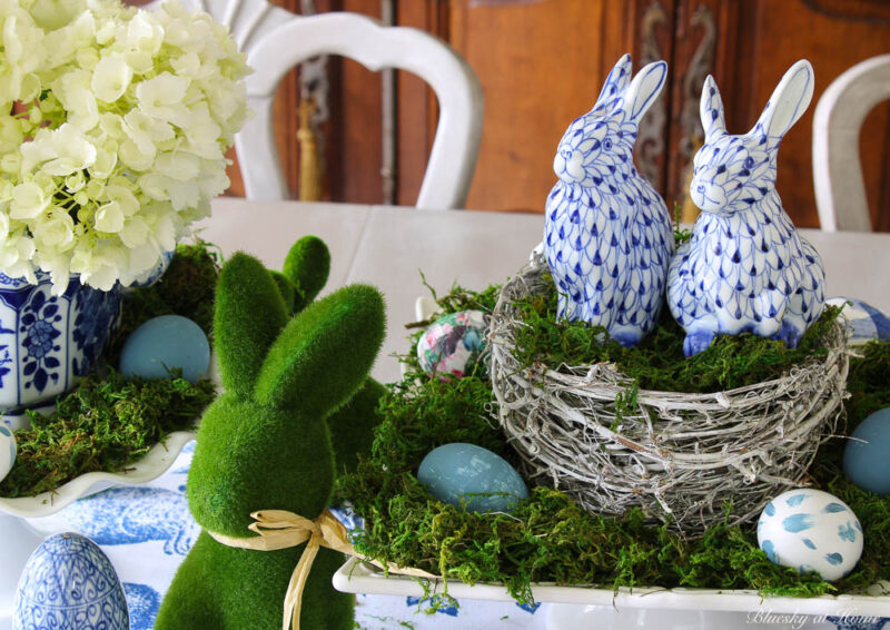 bunnies and blue spring tablescape